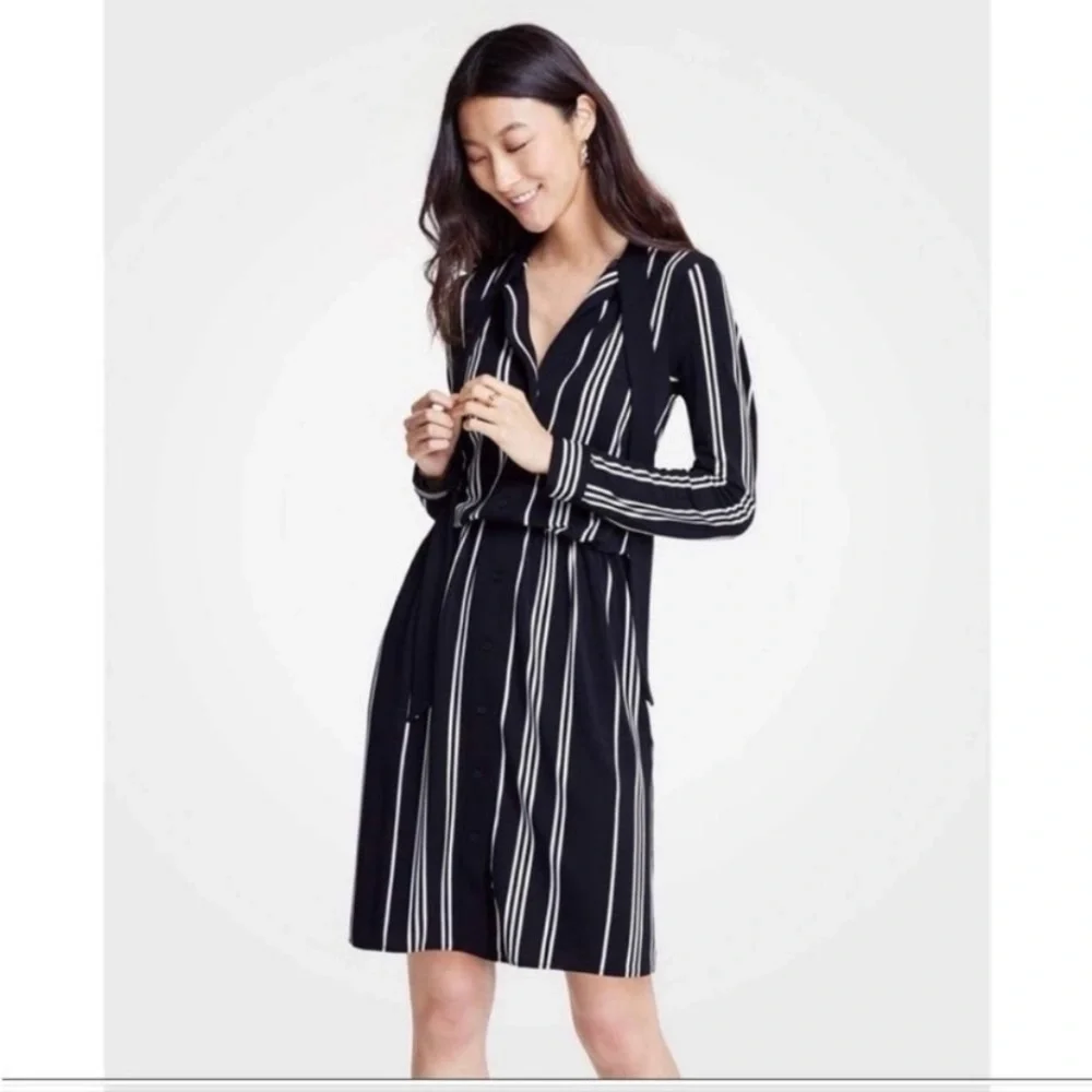 Ann Taylor minimalist contemporary neck tie stripe midi dress - Picture 4 of 14